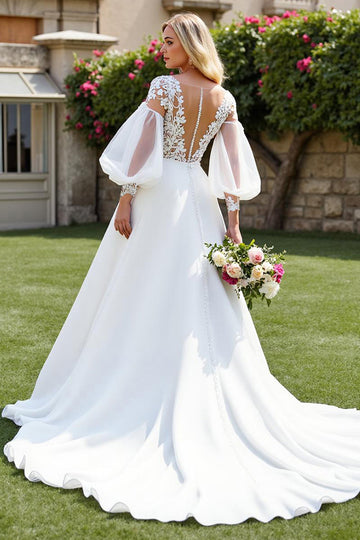A Line Ivory Puff Sleeve Wedding Dress with Appliques